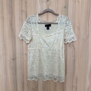 Womens Lace Babydoll Top Size L Cream Floral Square Neck Coquette Fairy Regency